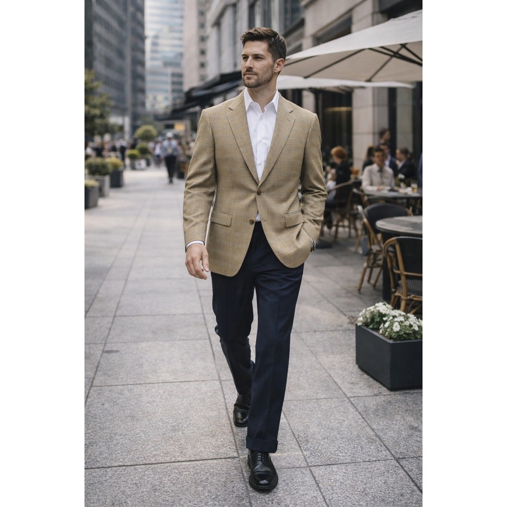 Ermenegildo Zegna Trofeo Wool Blazer Tan‎ Plaid 46R Fits 42 44 2Btn
